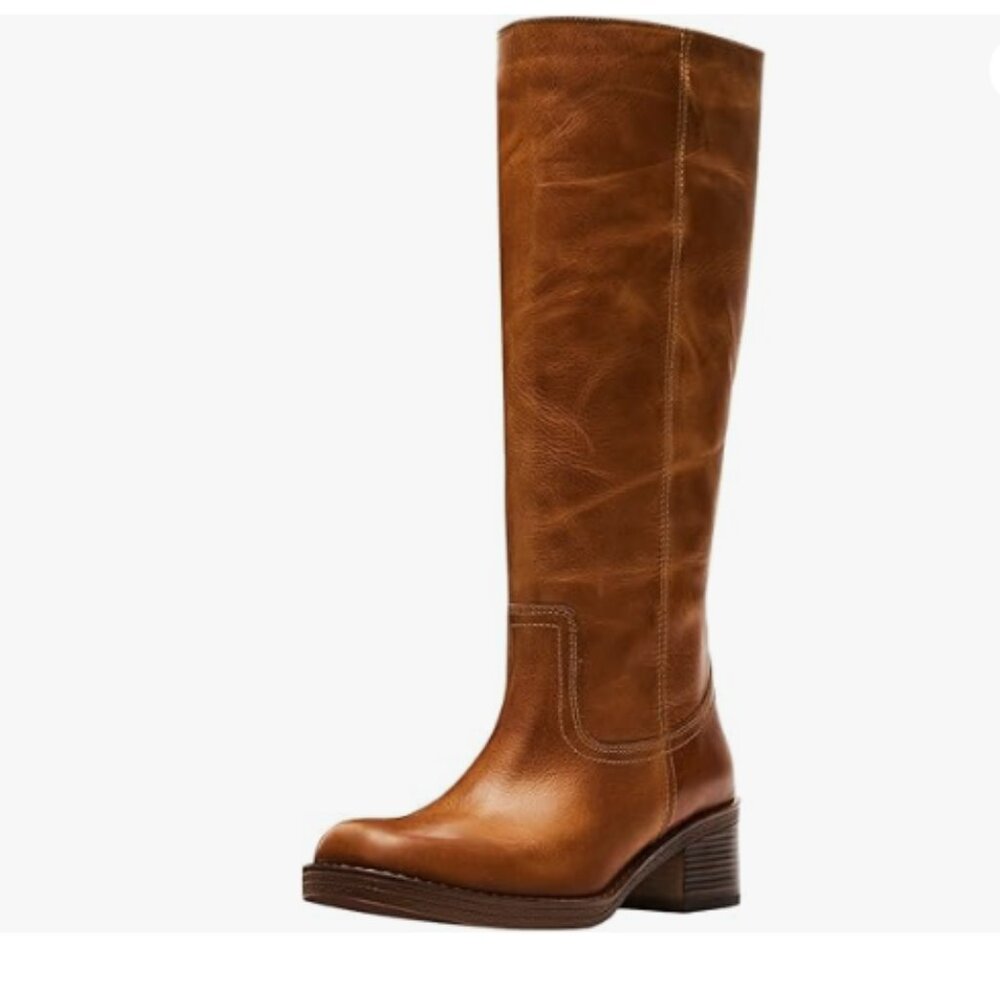 FOWT Women Platform Round Toe Calf High Boots Chunky Block Low Heel Brown Shoes
